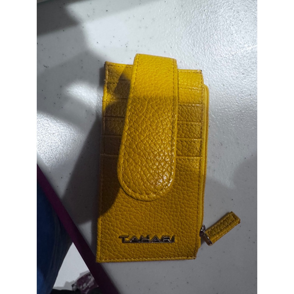 Tahari Womens Yellow Pebbled Faux Leather Slim Card Holder Zip Wallet